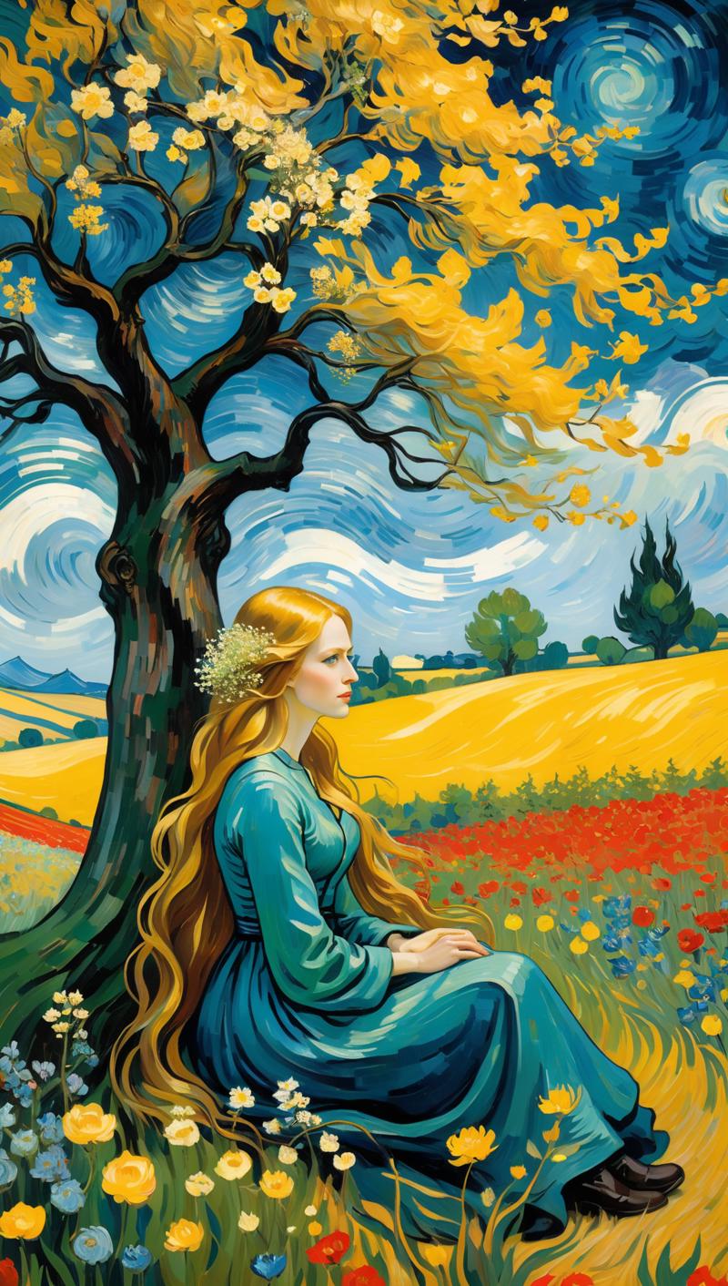 02043-1094777634-beautiful woman with long flowing hair, sitting at hisstation in an open field of flowers, (standalone tree_1.4), painted by van.png